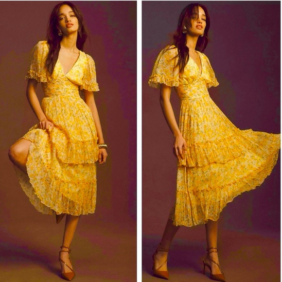 BHLDN Anthropologie Naomi NEW Short Sleeve Midi Dress Size S NEW Yellow Floral - Picture 1 of 14